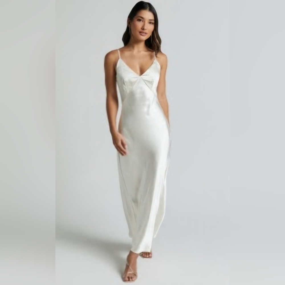 NWT White Satin V Neck Midi Slip Dress